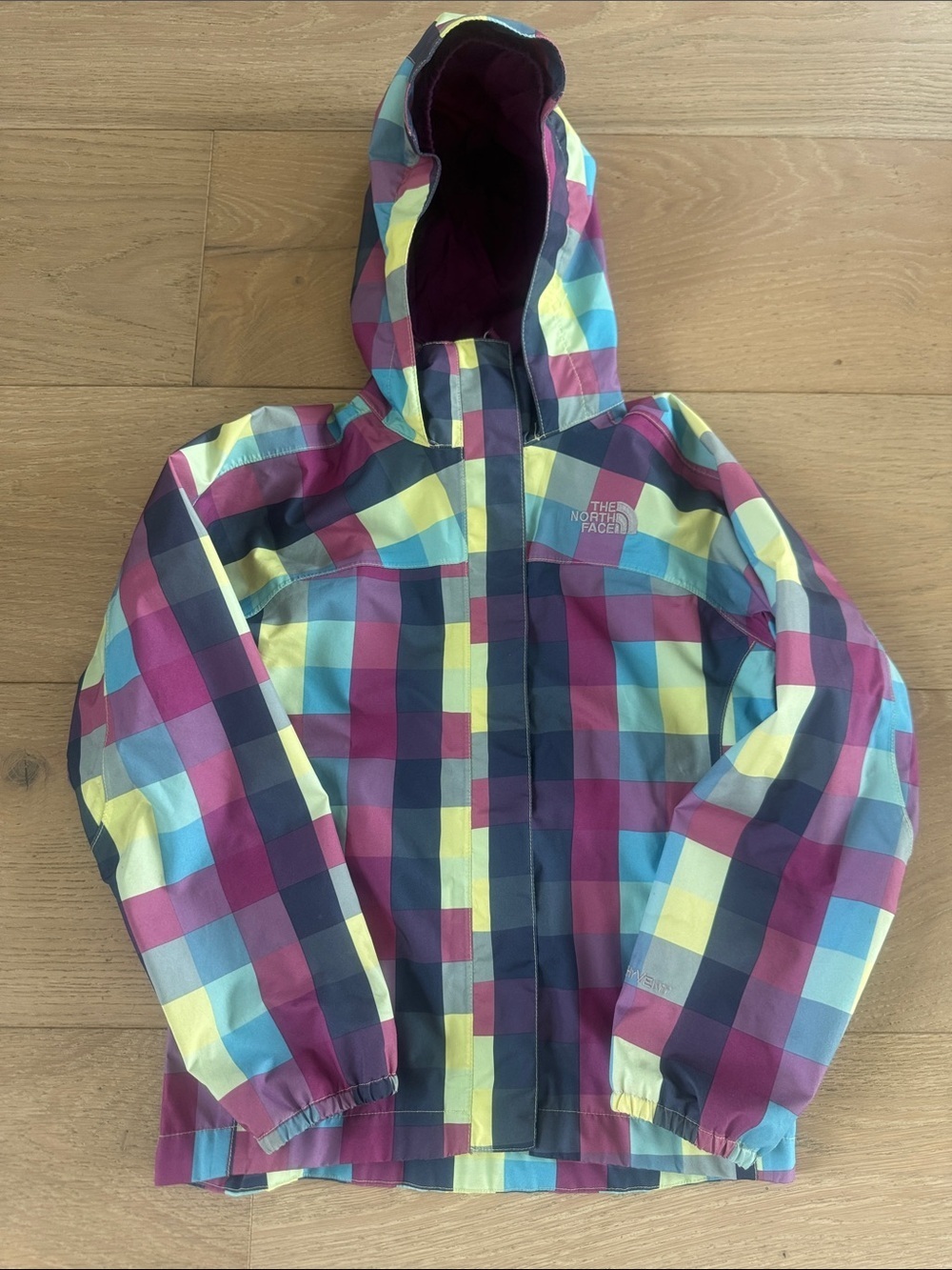 The North Face Multicolor Plaid Hooded Jacket - Purple, Yellow, Aqua
